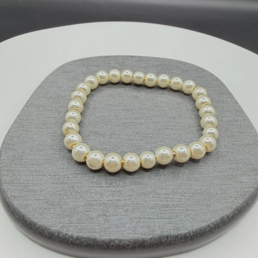 Faux Pearl Gold Tone Spacer Bead Stretch Bracelet Cream Classic Bridal Jewelry